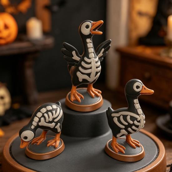 3Pcs Halloween Spooky Skeleton Goose Figurine, Miniature Skeleton Goose Resin Statue, Skeleton Animal Sculpture Desktop Ornament for Home, Office,