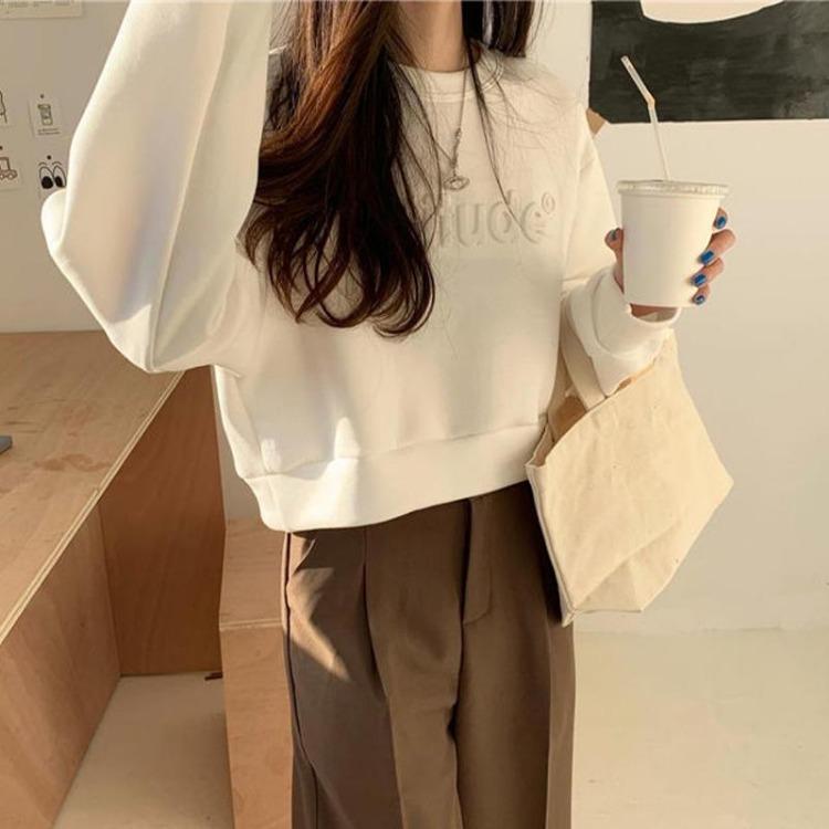 High Waist Women Sweatshirt Short Long Sleeve Solid Color Top