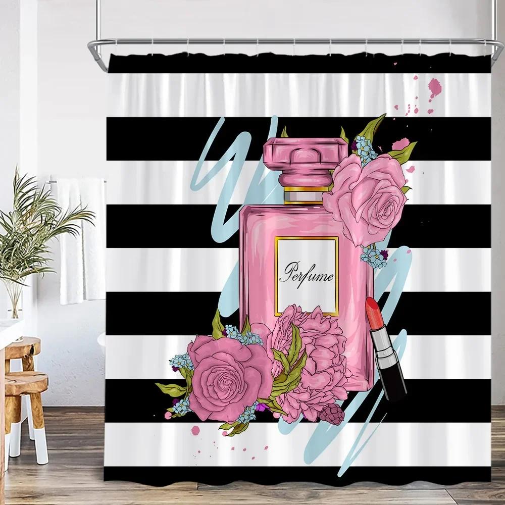 Pink perfume bottle shower curtain pink flower cosmetic pattern bathroom decoration modern fashion shower curtain with hook