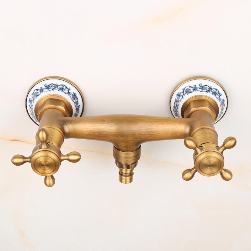 Antique Brass Wall Mounted Washing Machine Faucets Double Handles 2 Holes Cold and Hot Water Mixer Tap Bibcock