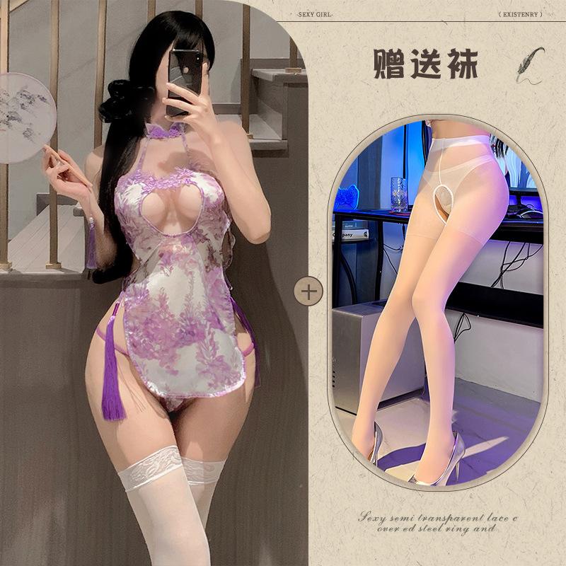 Pure desire purple sexy neck hollowed out curtain dream classical printing cheongsam temptation