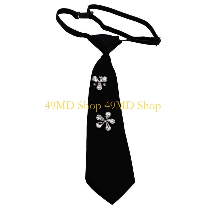

49MD Punk Fashion Black Neck Tie with Rhinestones Embellished School Student Uniform Pre Tied Adjustable Necktie Neckwear