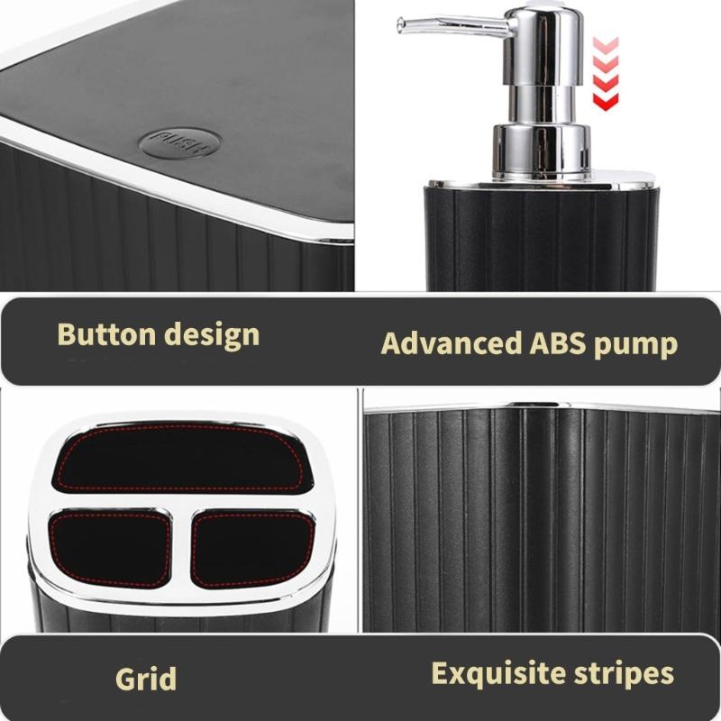 6Pcs Modern Bathroom Storage Set Includes Toothbrush Holder Hydraulic Liquid Dispenser Bottle Trash Can Cup Set