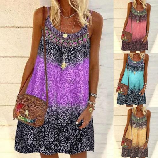 

женщины одеваются Печатные Спагетти Ремешок Летний Sleeveless Loose юбка для пляжа