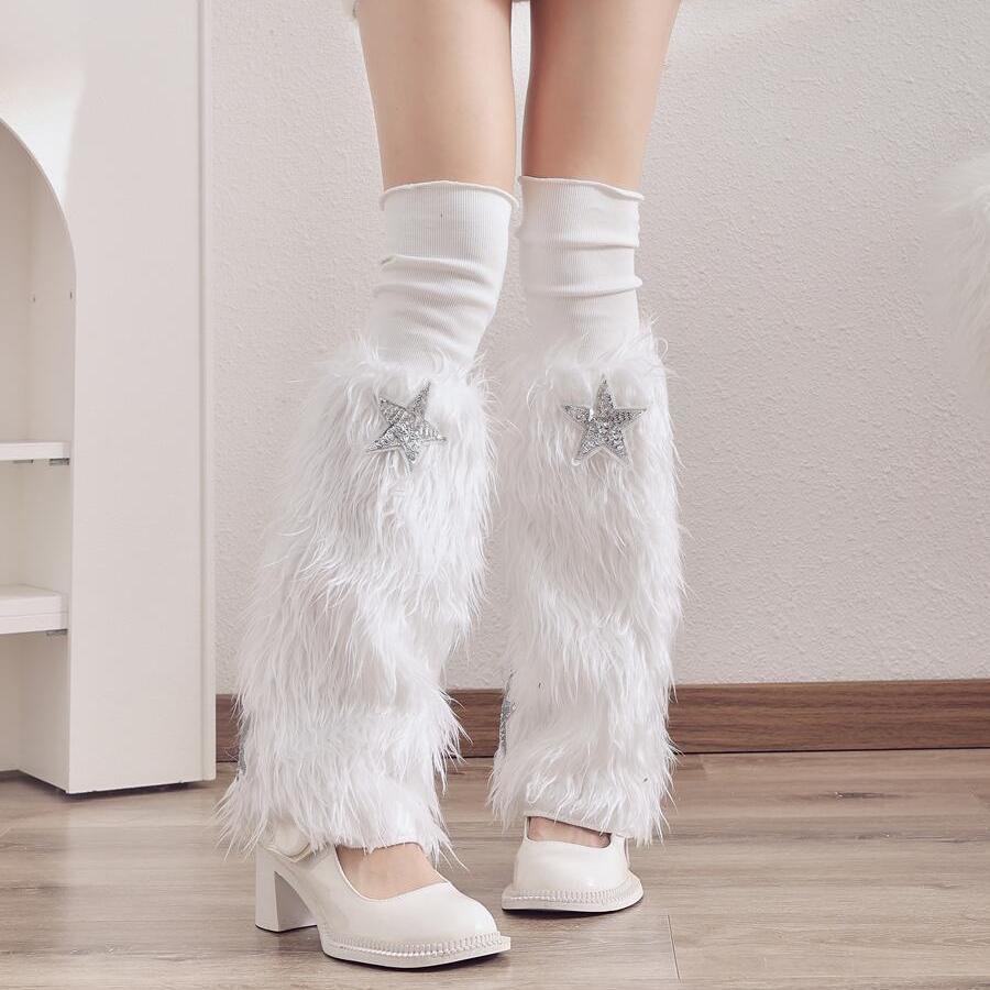 Plush Leg Covers Autumn and Winter Cold Protection Warm Calf Socks Thickened Jk Long Tube Fur Shoe Covers Cute Star Over The Knee Socks