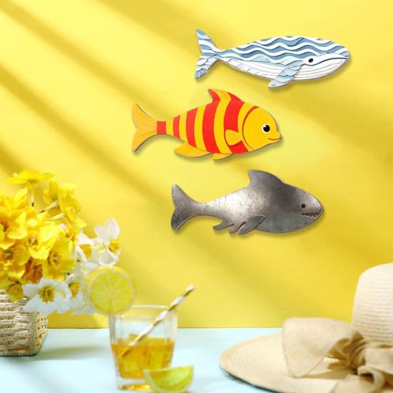 3Pcs/Set Wooden Fish Nautical Wall Decor, Whale Shark Striped Fish Wall Art for Lake House, Coastal Ocean Theme Hanging Ornament