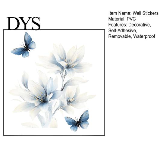 Peel And Stick Ink Wash Wall Decor Ink-Washed Blue Floral Stickers with Butterflies, Delicate Lily Decals for Living Room Bedroom Glass Windows,