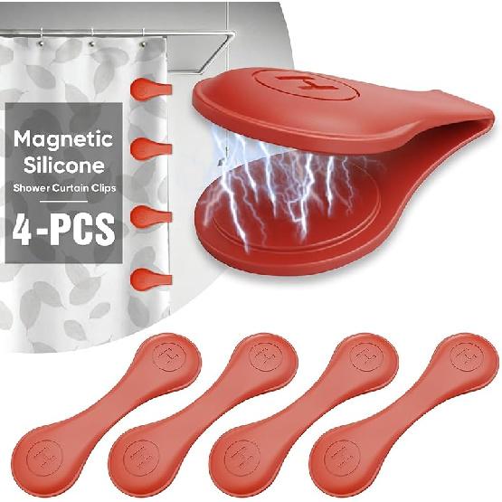 4 Pack Magnetic Silicone Shower Curtain Clips for Keeping Liner Closed to Wall Agat Water Splashing Out, Self Adhesive Windproof Splash Holder, Easy