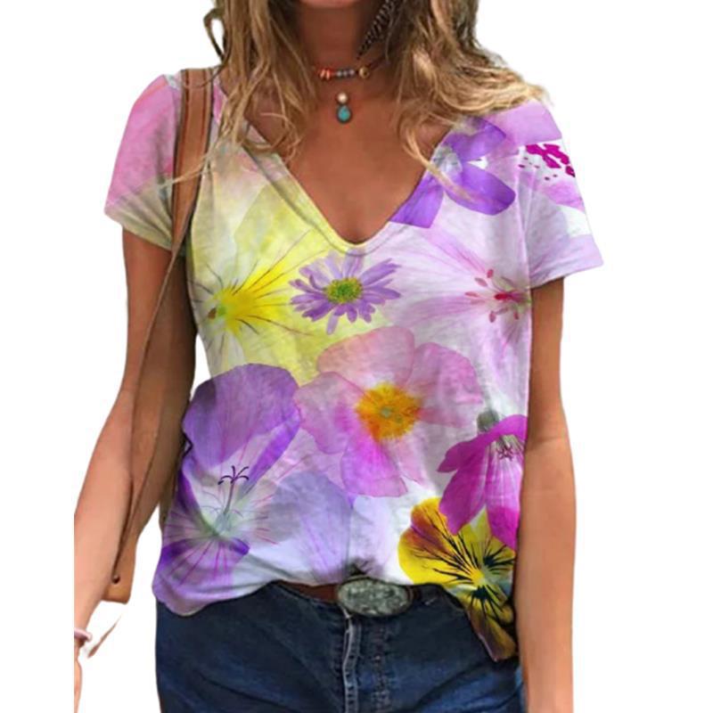 Summer Floral Printed T-shirt for Women Short Sleeved V-neck T-shirt