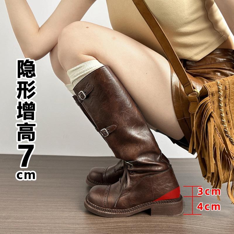 Cowhide version~ retro leather inner height increase 7cm boots fashion boots women's old knight boots belt buckle boots