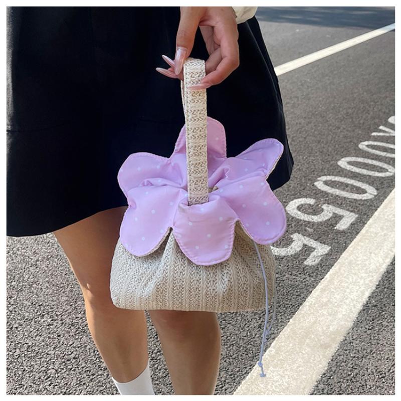 Floral Print Drawstring Crossbody Bag Korean Style Pocket Flower Pattern Durable Canvas Shoulder Bag for Daily Carry