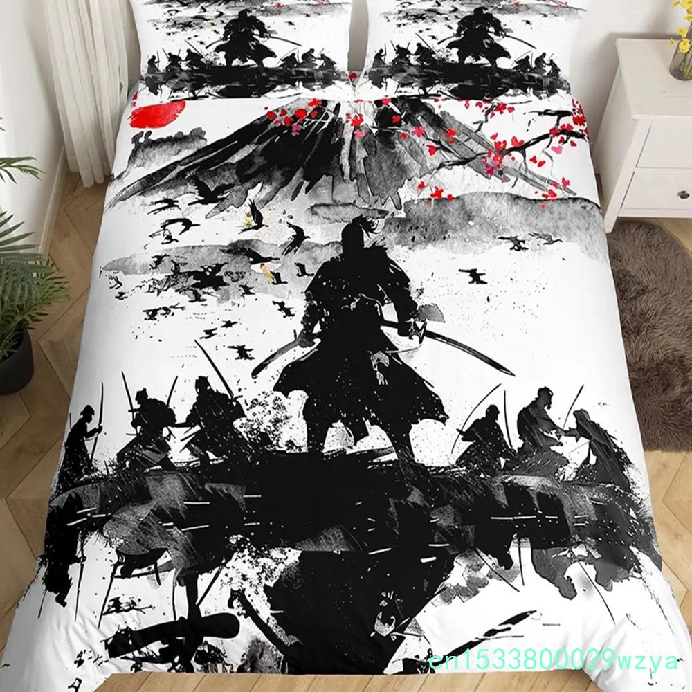 Japanese Samurai Bedding Set Full Size Cherry Blossoms Comforter Cover Red Sun Hokusai Duvet Cover Fuji Mountain Quilt Cover