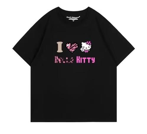 

2026 Summer Hello Kitty Tshirt High Quality 100 Cotton Pixel Zebra Print Unisex Y2K Casual Tee for Adults Kids S