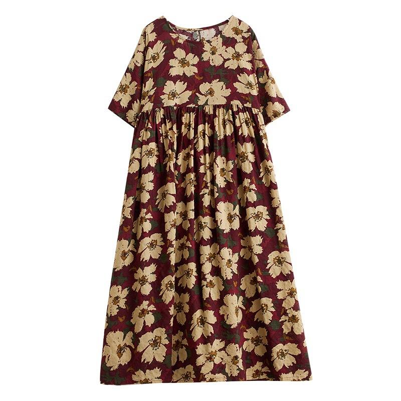 Summer Literary Plus Size Round Neck Pullover Mid Length Short Sleeved Dress for Women Casual Dresses