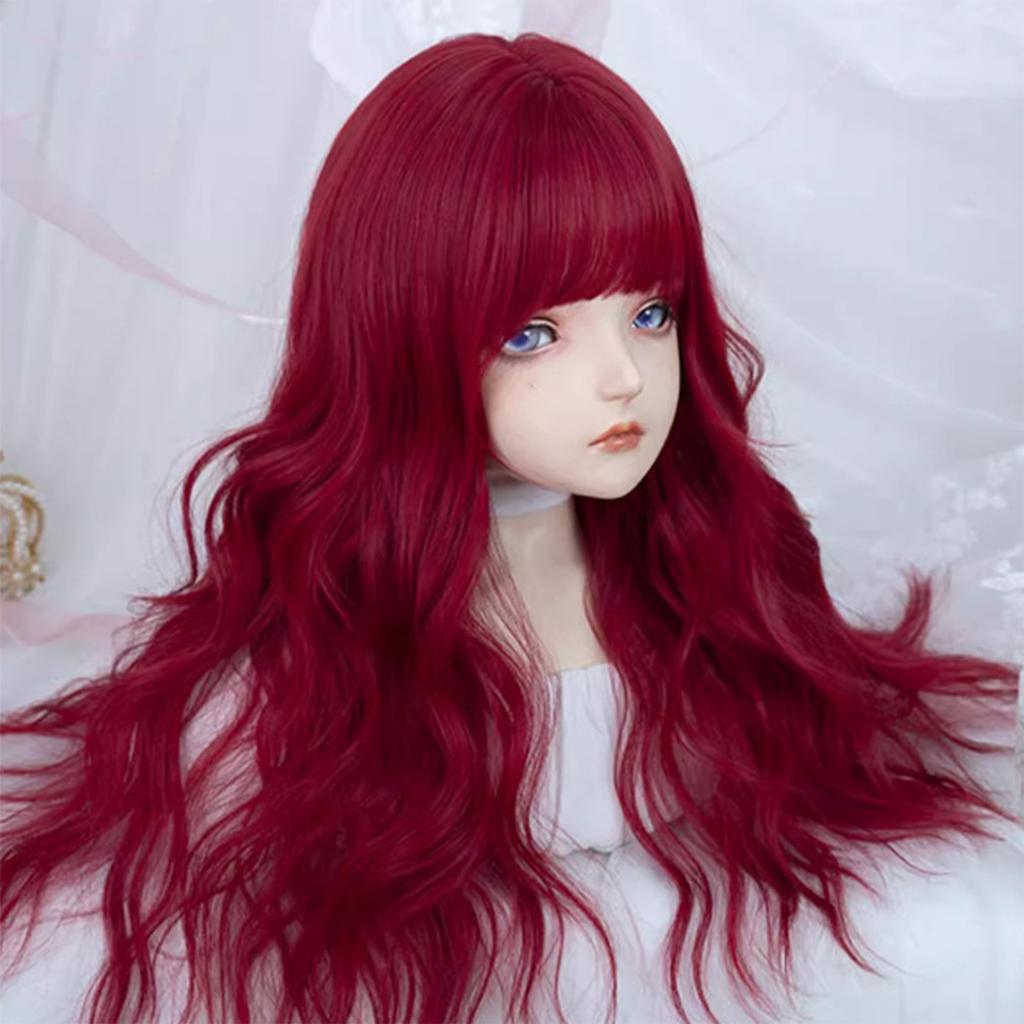 Jk Style Lolita Full Wig with Bangs Mera Red Water Wave Synthetic Fiber for Cosplay Costume