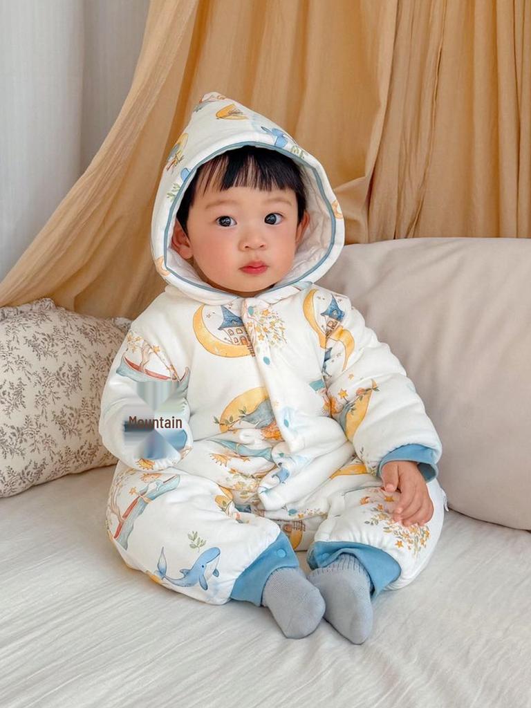 180g Thick Padded Hooded Baby Jumpsuit for Autumn/Winter - Warm Cotton Romper for Boys & Girls