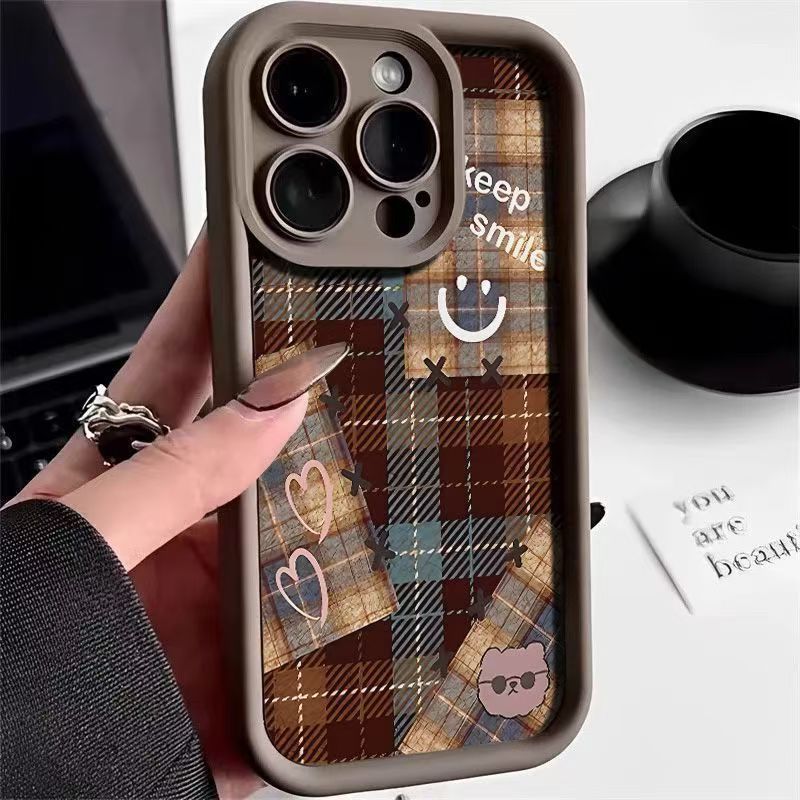 Plaid Love Smiley Face Is Suitable for Apple 16 Mobile Phone Case iPhone17Pro New 15Pro Advanced 14 Anti-drop 13