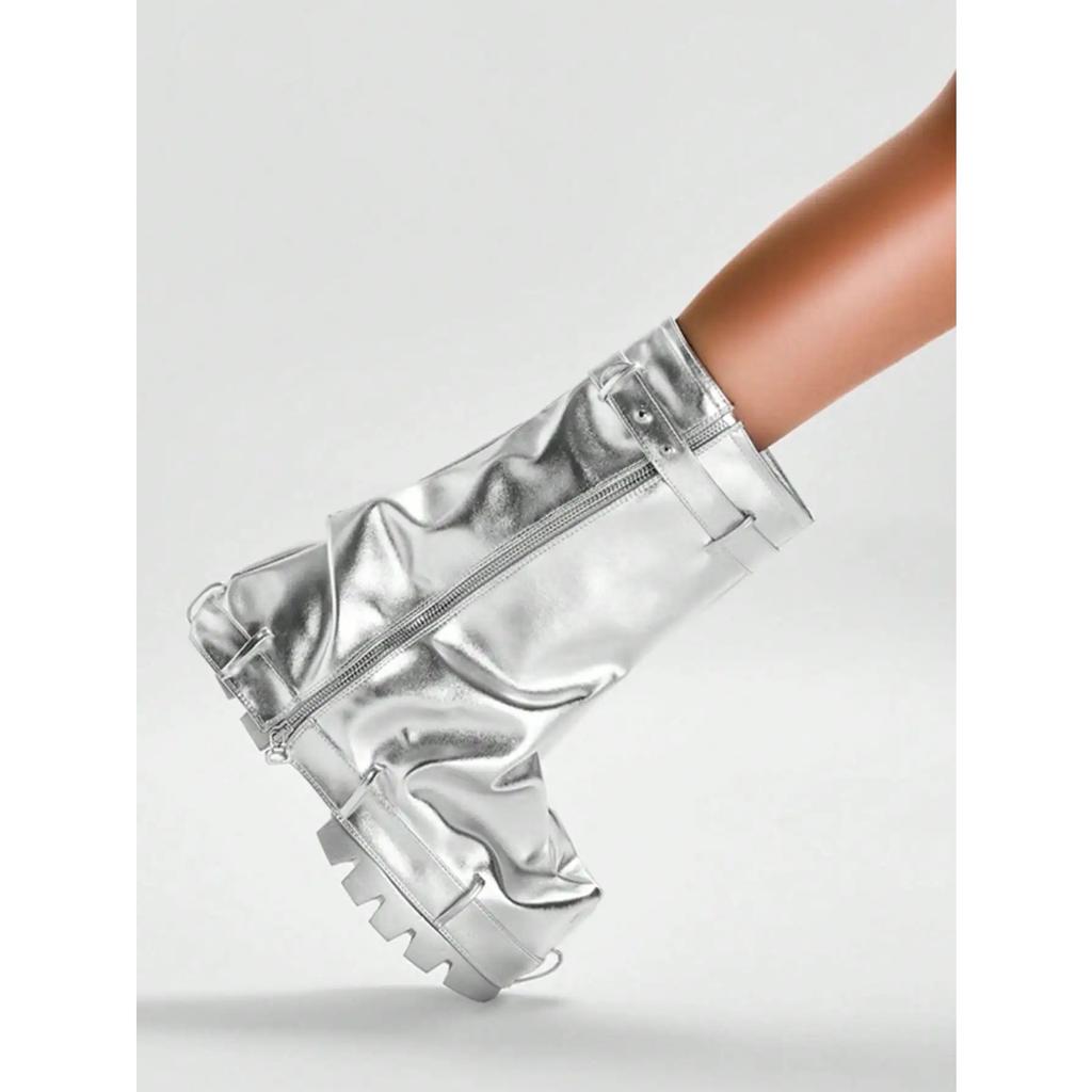 Metallic Fashion Women Fold Over Boots Chunky High Heels Mid Calf Platform Punk Gothic Fashion Motorcycle Shoes Woman