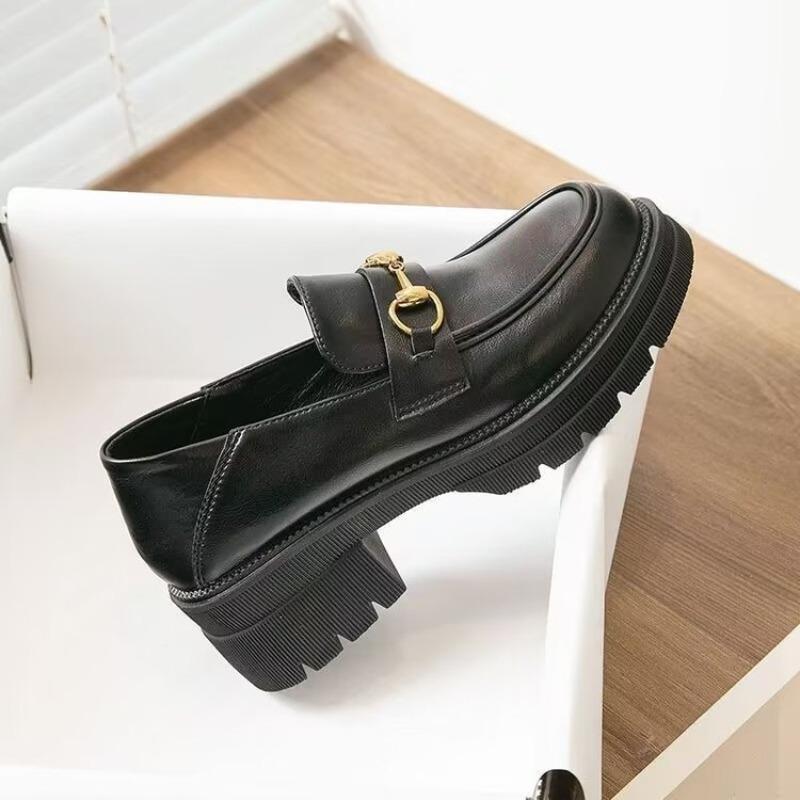 Women'S British Style Slip-On Loafer Shoes Fall Platform Metal Buckle Comfort Casual Vintage Office Daily Walking Sneakers