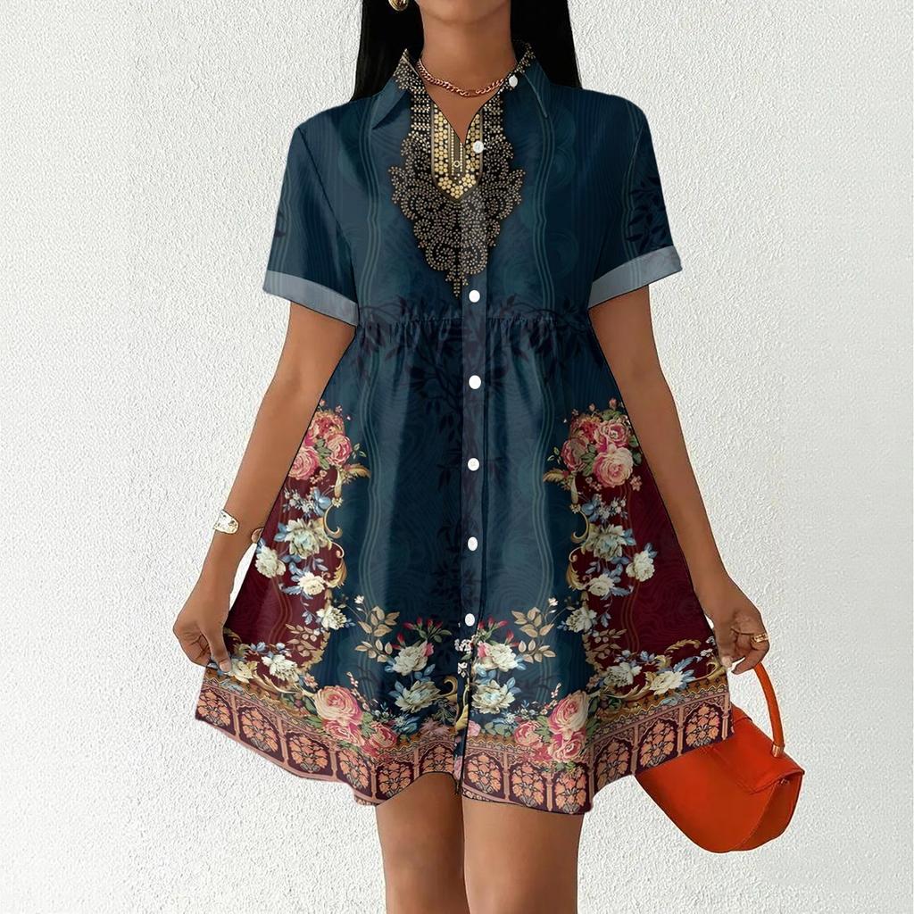 Women's Casual Loose Fit Shirt Dress Button Front Stand Collar Short Sleeve Polka Dot Patterned Dress for Everyday Wear