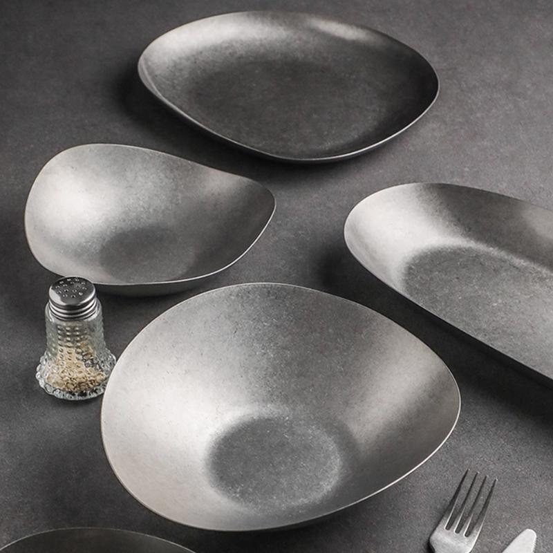 Vintage Stainless Steel Plates, Irregular Bowls, Metal Utensils, Fish Plates, Fruit Salad Bowls, Barbecue Plates, Kitchenware
