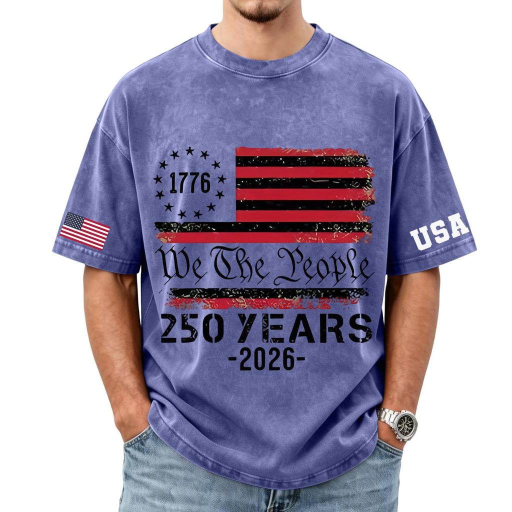 Men's Loose and Casual Flag Letter Print T-shirt - Men's Trendy Washed Short-sleeved Top