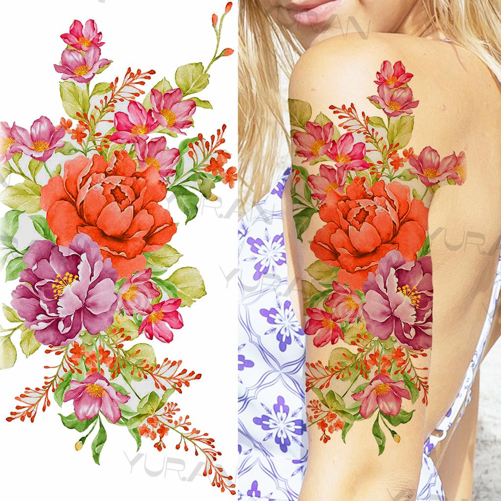 Large Colorful Rose Flower Temporary Tattoos For Girls Women Anchor Fake Gemstone Pendant Tattoo Paste Arm Body Tatoos Creative