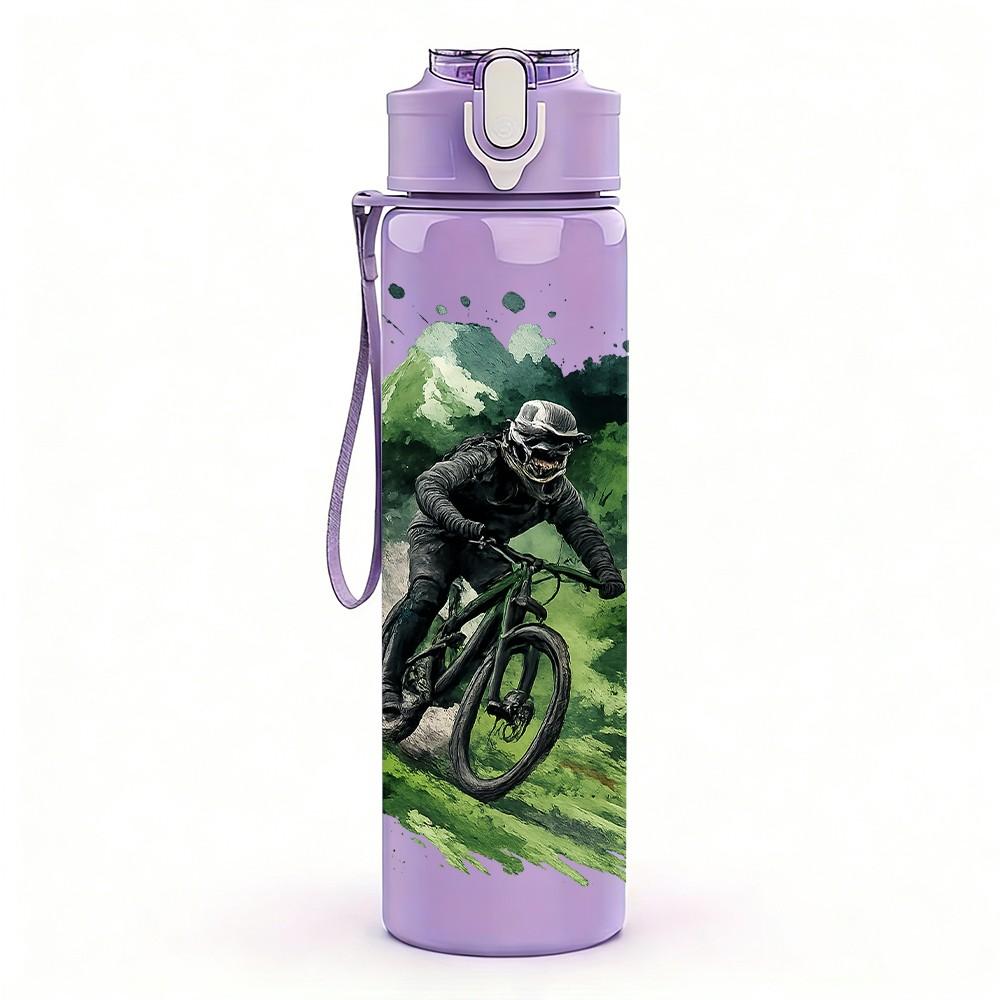1PC Mountain Biker Cyclist Nature Print 750ml Color Plastic Sports Water Bottle Leakproof Flip Straw Lid Suitable for Sports Office Home Use