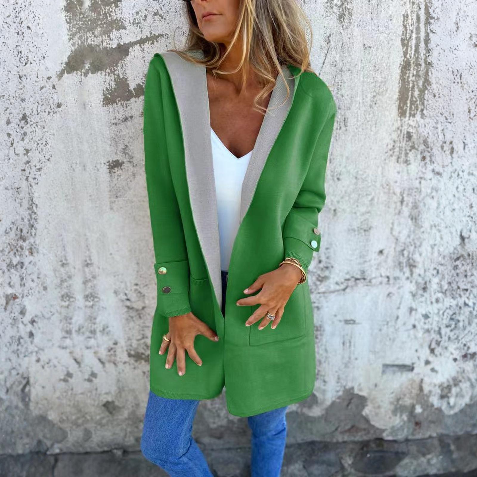 

Fashionable Solid Color Long Sleeved Pocket Casual Sweater Cardigan Hooded Jacket L зелений
