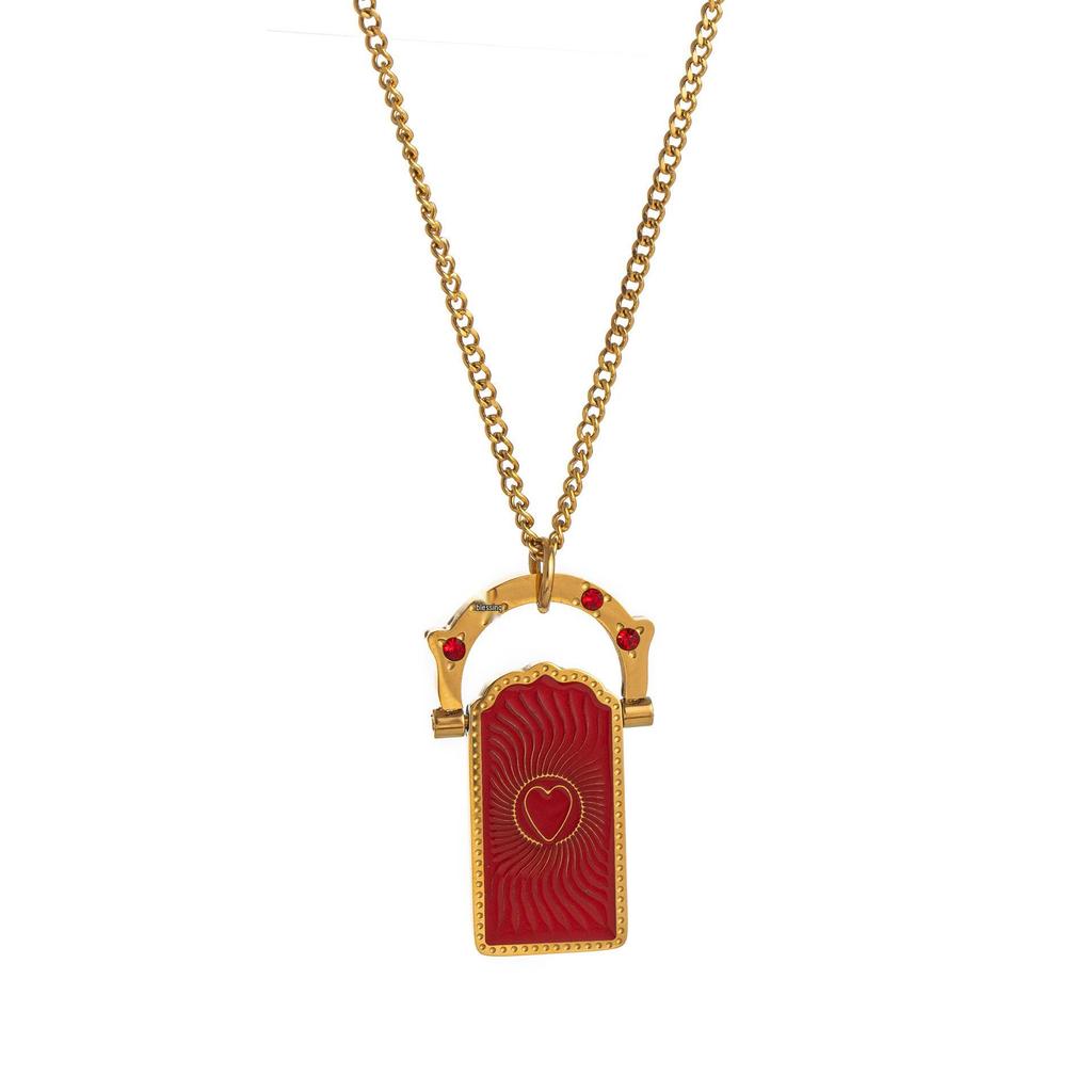 Heart-Shaped Electroplated Rotating Four-Leaf Clover Tree of Life 18K Gold Tarot Card Titanium Steel Necklace