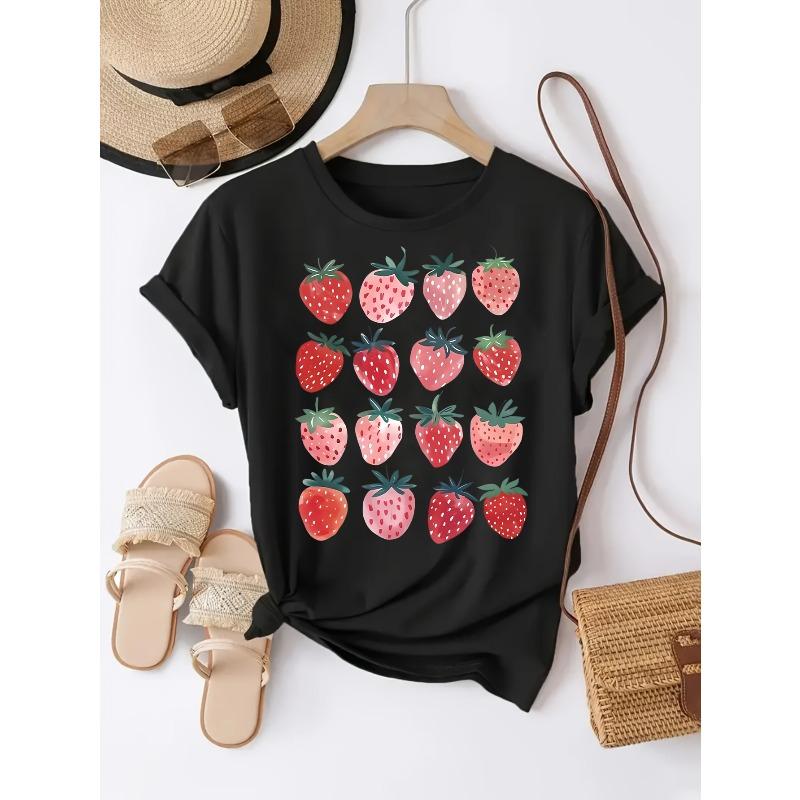 

European Size Women s Strawberry Print 100% Polyester T-Shirt - Loose Fit Round Neck Short Sleeve Casual Top, Breathable Summer Party & Casual Attire 4XL чорний