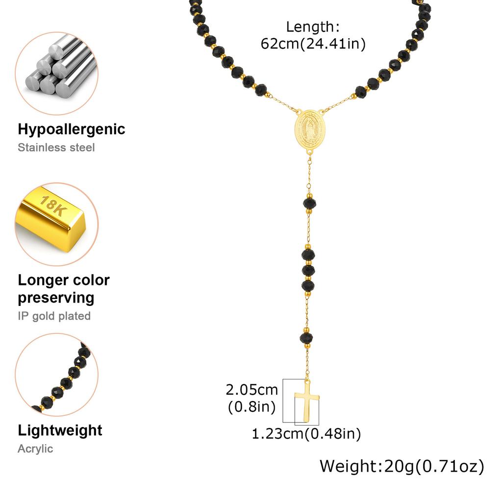 Stainless Steel Virgin Mary Rosary Cross Necklace for Women, Long Chain Necklace with Crystal Beads, Religious Catholic Gifts