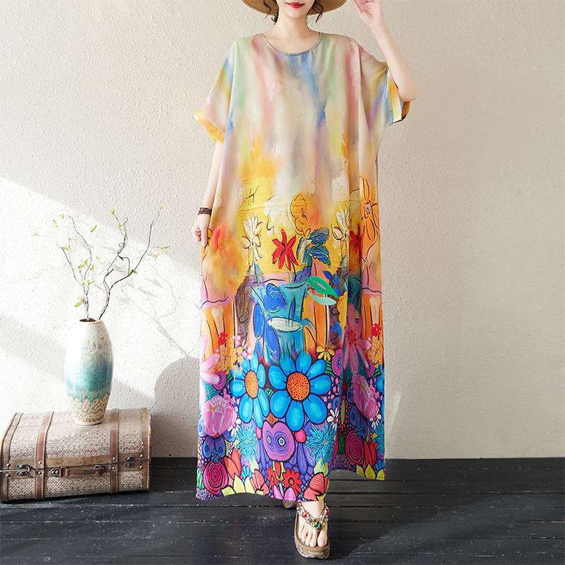 

DIMANAF 2025 Summer Women Plus Size Dress Basic Casual Dress Loose Vintage Flower Printing Long Beach Dress One Size жёлтый