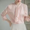 [SYitong] Women's Long-Sleeved Plain Blouse, Stylish, Washable, Collarless, White/Pink, Lined, Business/Office Wear, Cute, Popular, Perfect for Dates,
