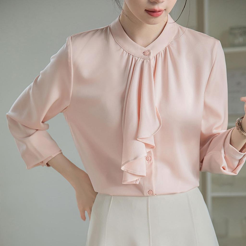 [SYitong] Women's Long-Sleeved Plain Blouse, Stylish, Washable, Collarless, White/Pink, Lined, Business/Office Wear, Cute, Popular, Perfect for Dates,