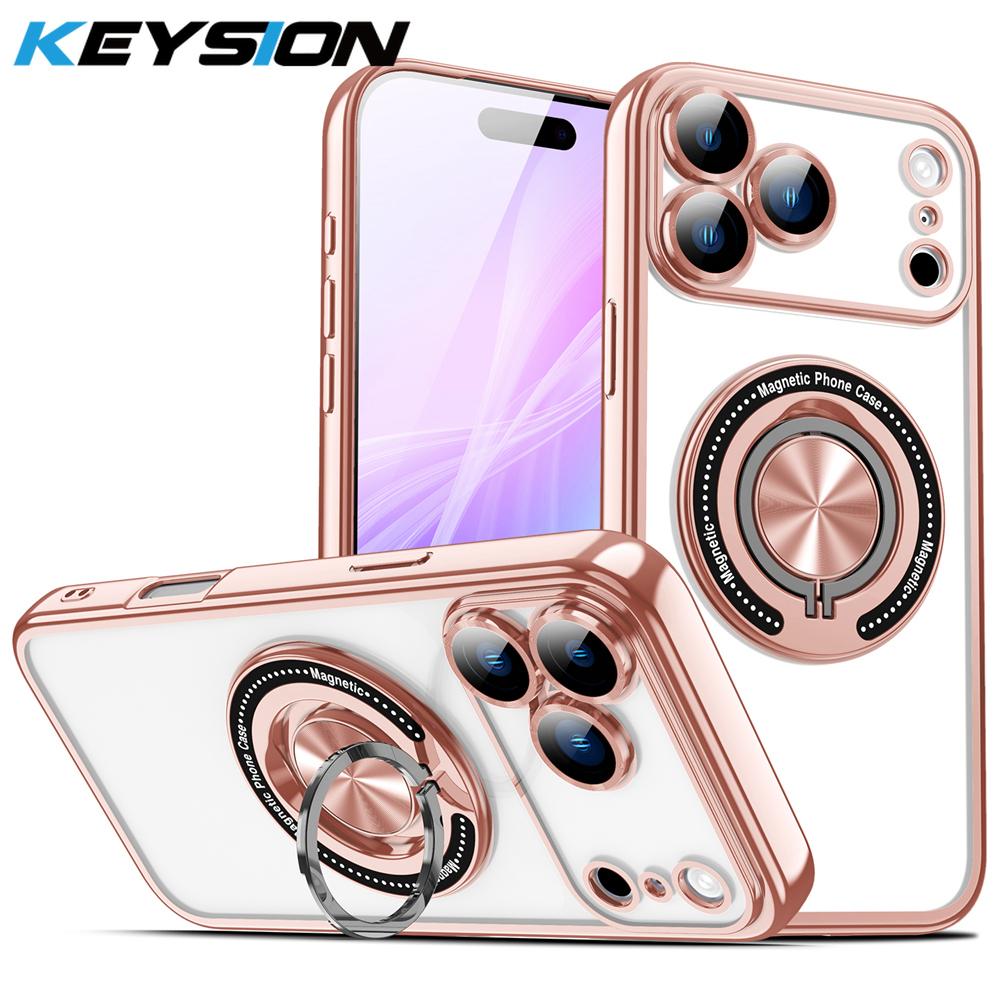 

KEYSION Plating Transparent TPU Magnetic Case for MagSafe for iPhone 16 17 Pro Max 17 Air PC Ring Stand Lens Protect Phone Cover for iPhone 16 Pro Max