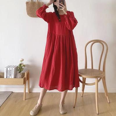 Vestido de linho japonês com babados e gola para mulheres, vintage, cor sólida, solto, manga comprida, vestidos vazados