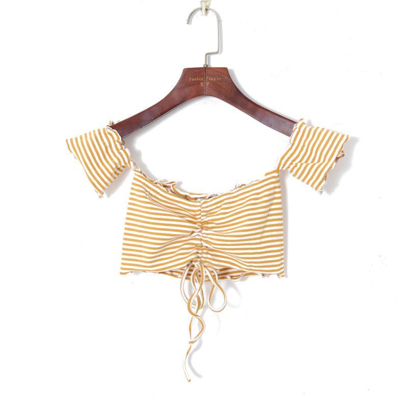 

Women s Mixed Color Stripe Elegant Drawstring Short Sleeve T-shirt Yellow Stripes All yards