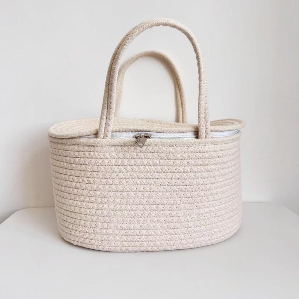 Baby Diaper Storage Basket With Cotton Material Portable Handwoven Organizer For Nursery Use