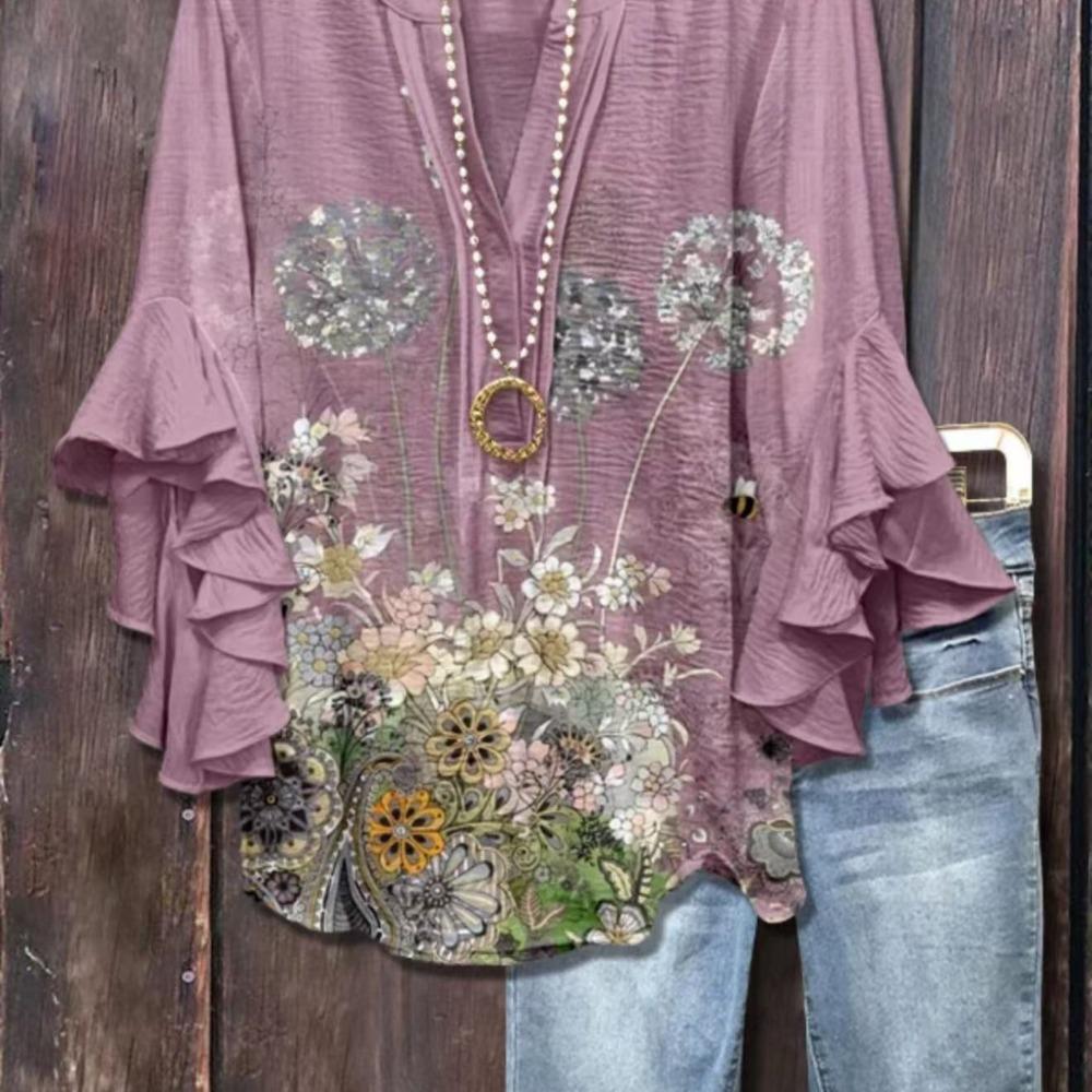 Large Women's Bohemian V-neck Shirt with Ruffle Sleeves, Grey Brown Floral Print Top, Casual Breathable Machine Washable Pullover