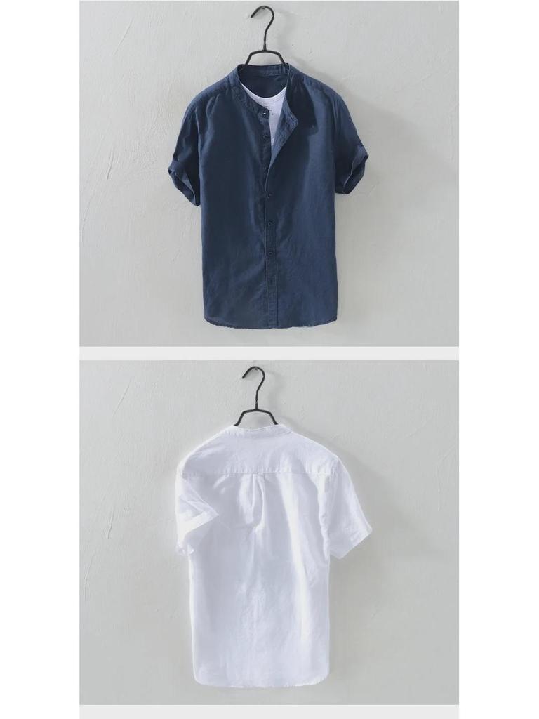 Men's Short-Sleeve Stand Collar White Linen Shirt, Casual Loose Fit, Lightweight Summer Cotton.