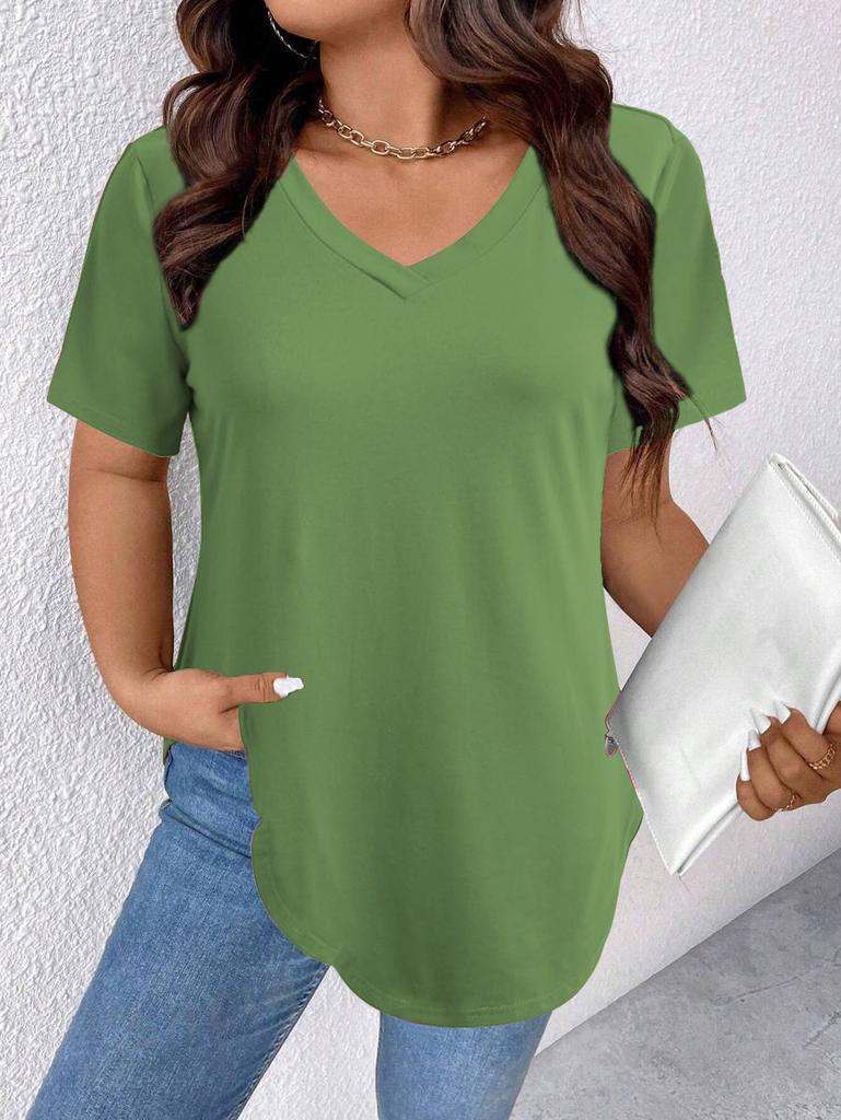 Women's V Neck Short Sleeve Tunic Top Loose Fit Casual Style Polyester Solid Color Curved Hem Long Tee Plus Size Summer Shirt