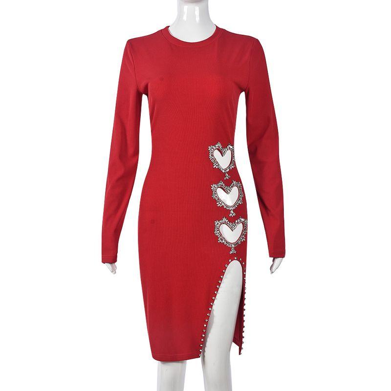 

Fashionable Sexy Pure Desire Style Elegant Wearing Tall Beauty Cut Out 9820 Heart Hot Drilling Long Sleeve Split Dress Red L