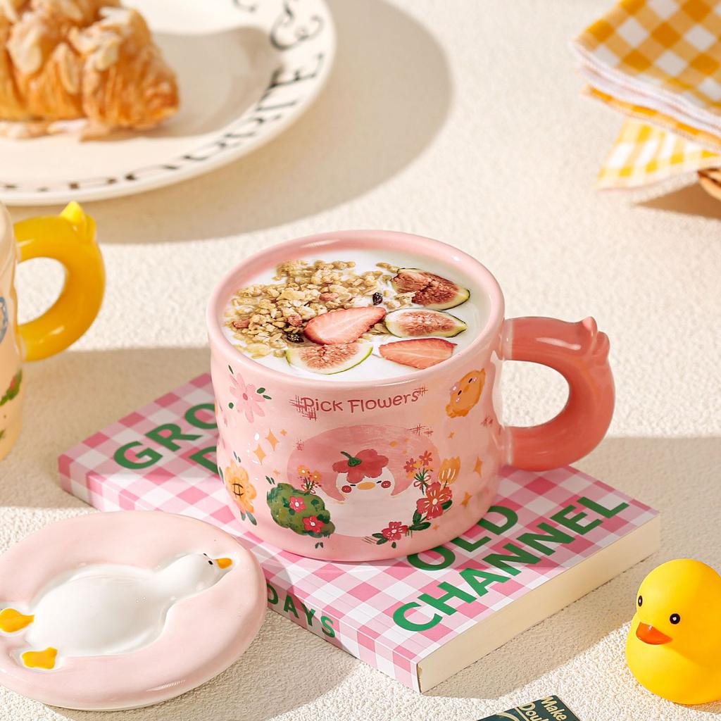 Cute Fun Duck Water Cup Ceramic Lid Cute Mug Office Coffee Cup Girls Student Children Cup