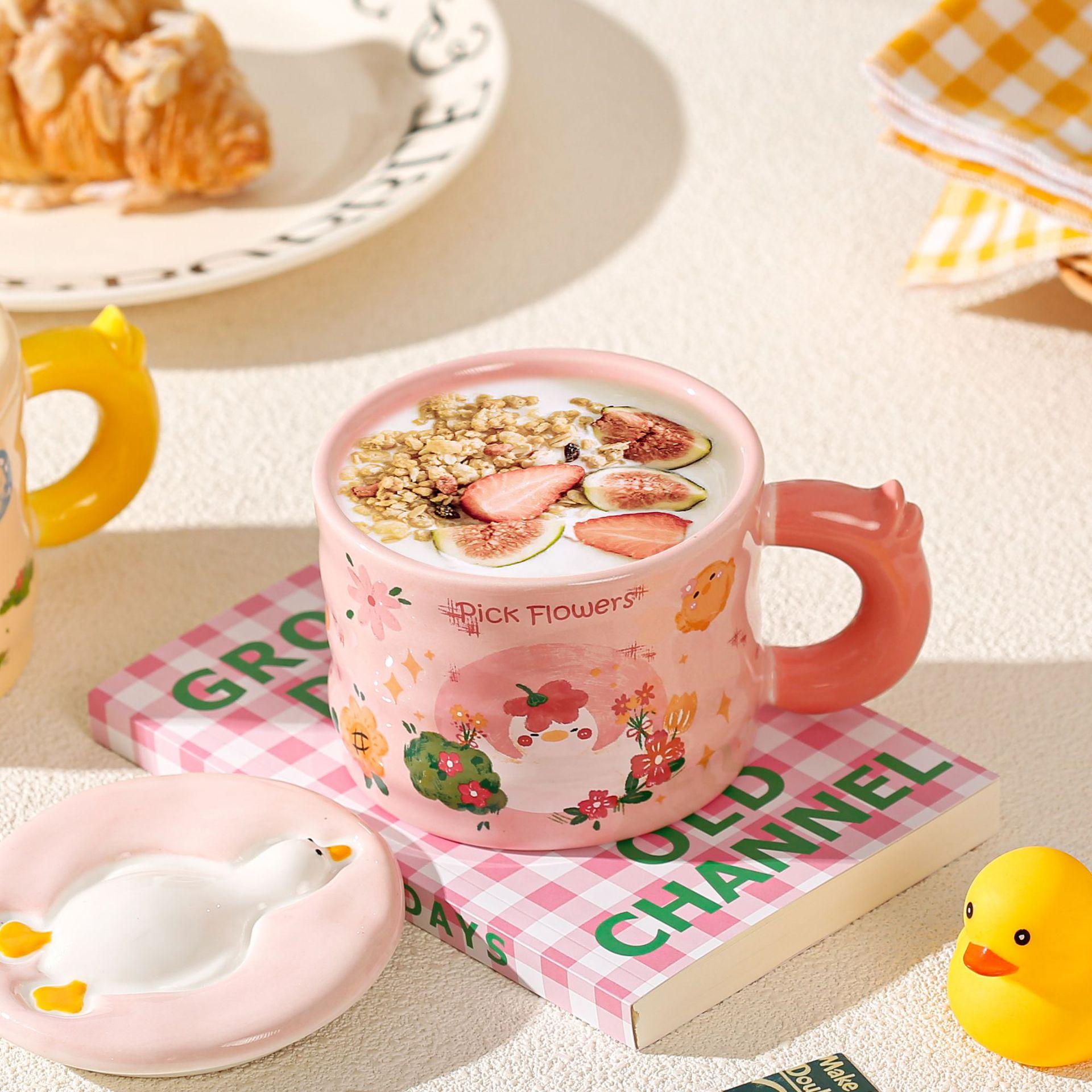 Кружка для воды с уткой Mengqu Керамическая крышка Милая кружка Офисная кружка для кофе Девочки Студенты Детская кружка 301-400ml
