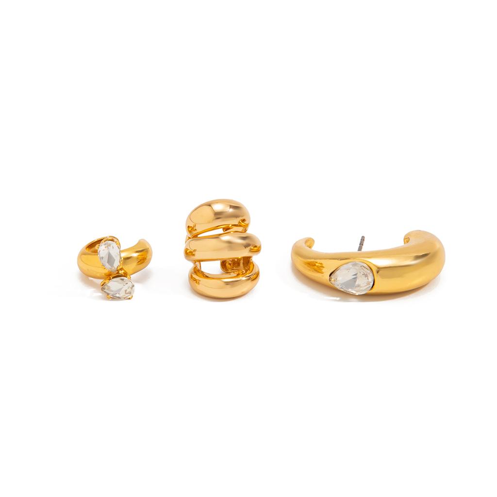 Salircon 3 Pcs/Set Trendy Vintage Gold Color C-shaped Clip Earrings Women's Unique Creative Rhinestone Piercing Earrings Jewelry