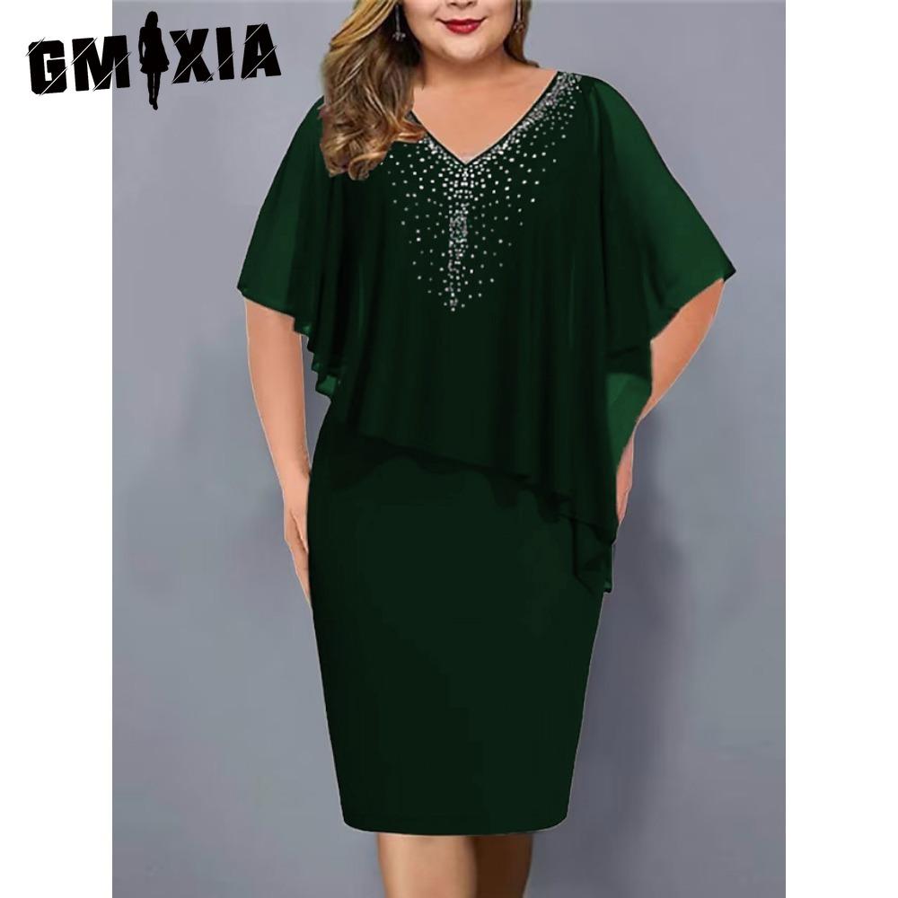 

GMXIA Женское платье большого размера с V-образным вырезом, асимметричное, облегающее ягодицы, шифоновое платье с пайетками(L-5XL) XXXXL зелёный