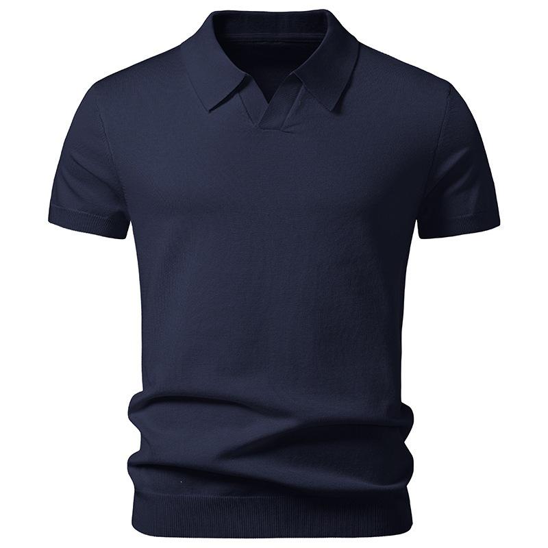 Mens Solid Gray Knit Short Sleeve V-Neck Polo Shirt