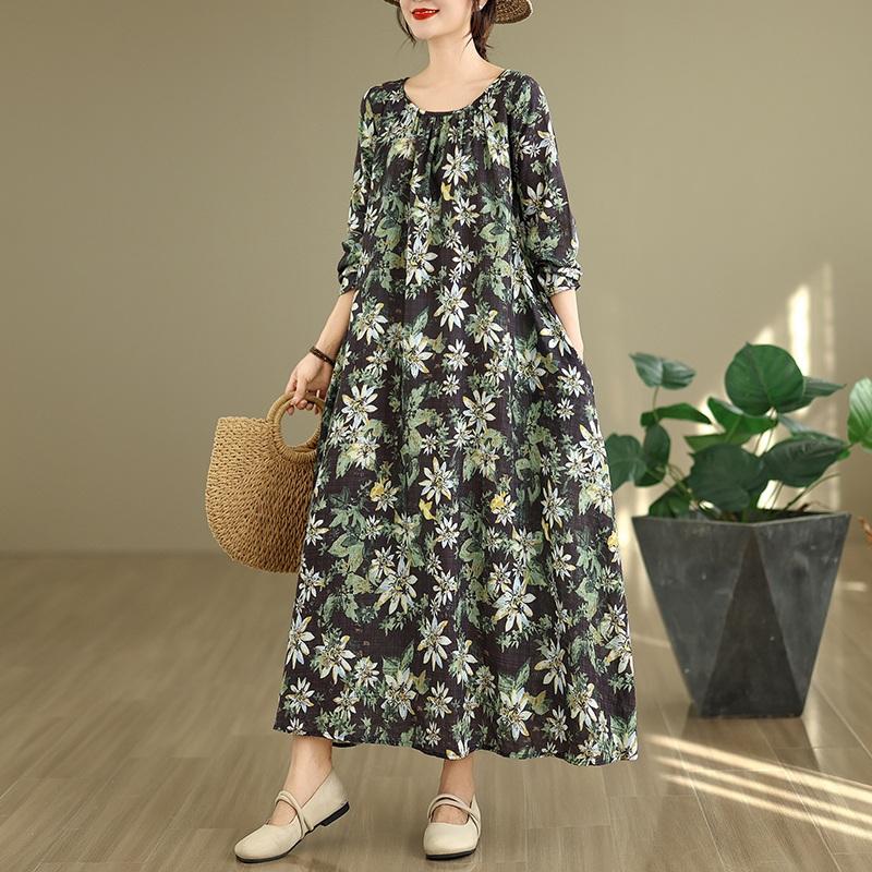 Long sleeve plus size cotton vintage floral new in dresses for women casual loose spring autumn dress