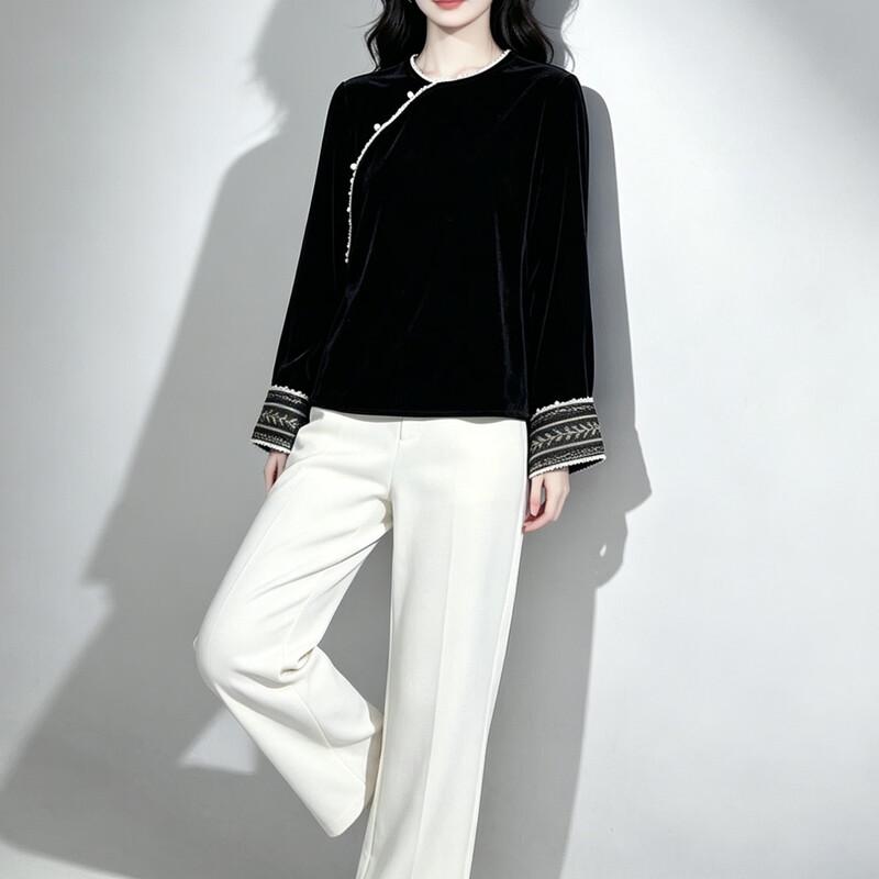 Neue chinesische Stil Maulbeerseide Samt Bluse